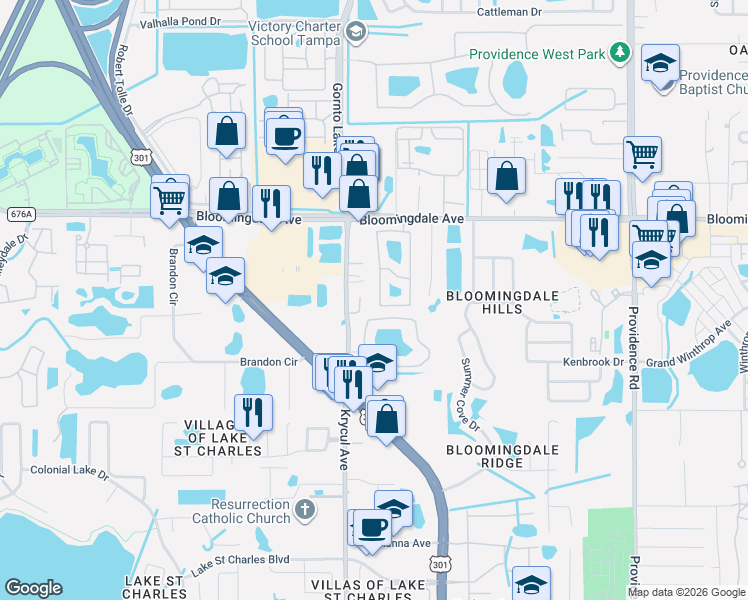 map of restaurants, bars, coffee shops, grocery stores, and more near 6234 Osprey Lake Circle in Riverview