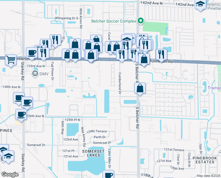 map of restaurants, bars, coffee shops, grocery stores, and more near 8037 Powder Horn Circle in Largo