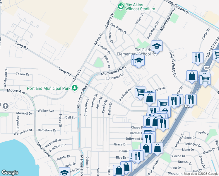 map of restaurants, bars, coffee shops, grocery stores, and more near 406 Lang Road in Portland