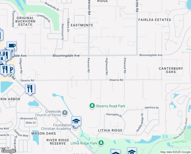 map of restaurants, bars, coffee shops, grocery stores, and more near 3512 Stearns Road in Valrico