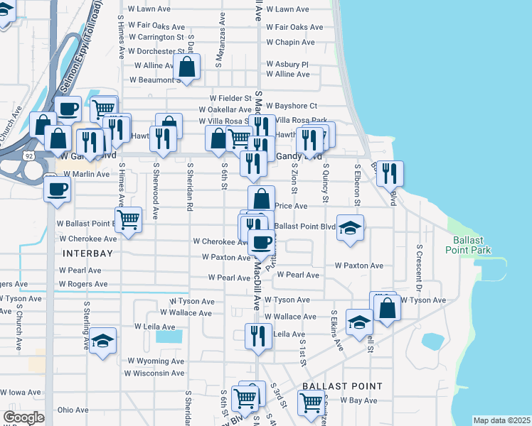 map of restaurants, bars, coffee shops, grocery stores, and more near 3198-3100 West Price Avenue in Tampa
