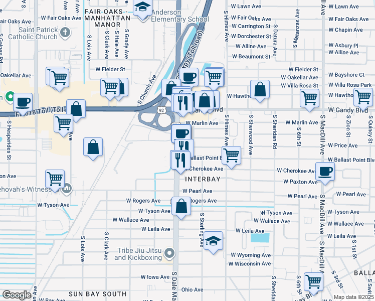 map of restaurants, bars, coffee shops, grocery stores, and more near 5130 South Dale Mabry Highway in Tampa