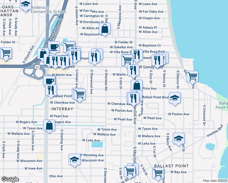 map of restaurants, bars, coffee shops, grocery stores, and more near 3211 West Price Avenue in Tampa