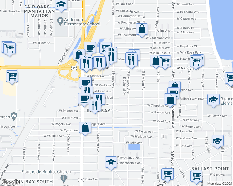 map of restaurants, bars, coffee shops, grocery stores, and more near 5007 West Colonial Drive in Tampa