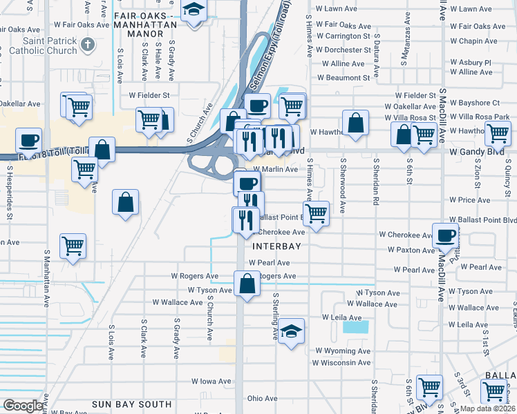 map of restaurants, bars, coffee shops, grocery stores, and more near 5130 South Dale Mabry Highway in Tampa
