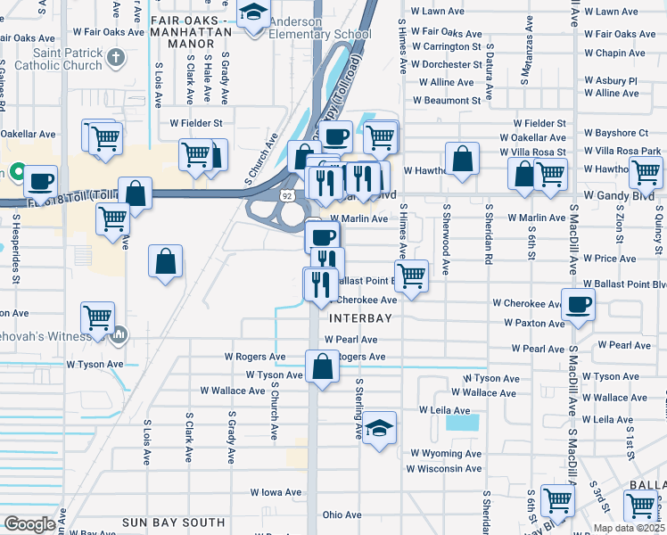 map of restaurants, bars, coffee shops, grocery stores, and more near 5130 South Dale Mabry Highway in Tampa