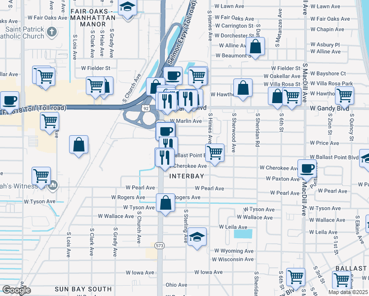 map of restaurants, bars, coffee shops, grocery stores, and more near 3523 West Price Avenue in Tampa