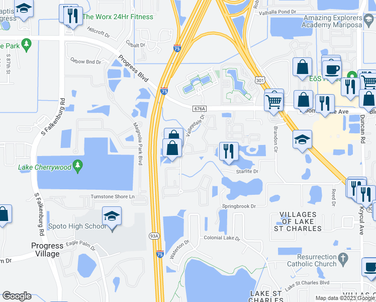 map of restaurants, bars, coffee shops, grocery stores, and more near 6261 Olivedale Drive in Riverview