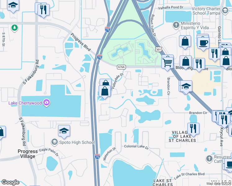 map of restaurants, bars, coffee shops, grocery stores, and more near 6255 Olivedale Drive in Riverview