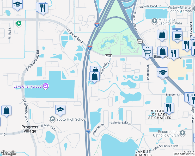 map of restaurants, bars, coffee shops, grocery stores, and more near 9543 Newdale Way in Riverview
