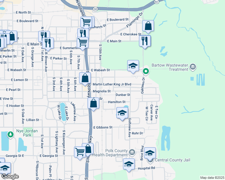 map of restaurants, bars, coffee shops, grocery stores, and more near 1880 Magnolia Street in Bartow