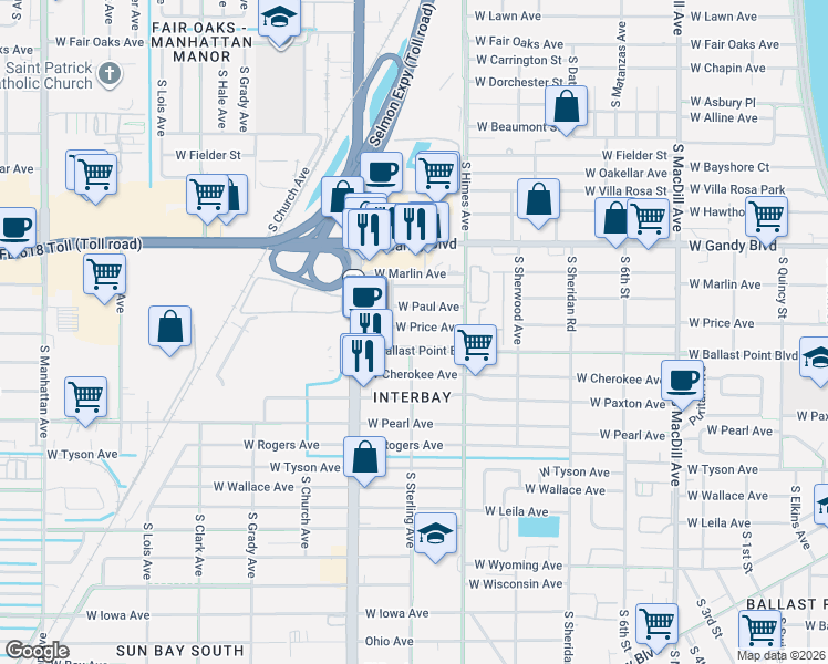 map of restaurants, bars, coffee shops, grocery stores, and more near 3520 West Price Avenue in Tampa