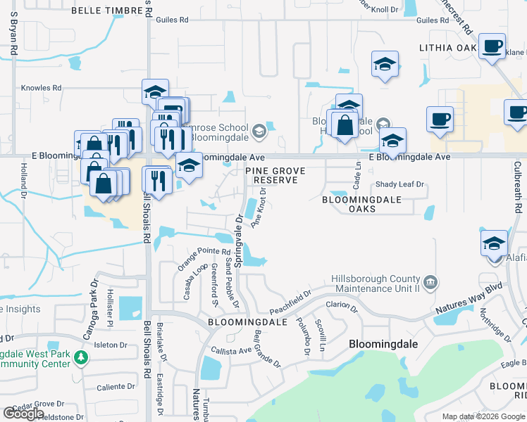 map of restaurants, bars, coffee shops, grocery stores, and more near 3612 Pine Knot Drive in Valrico