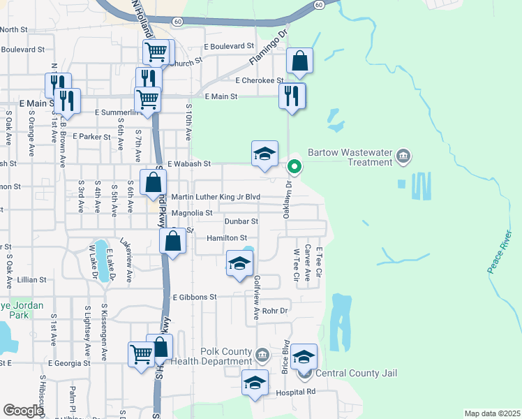 map of restaurants, bars, coffee shops, grocery stores, and more near 2145 Martin Luther King Junior Boulevard in Bartow