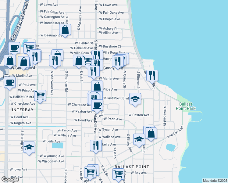 map of restaurants, bars, coffee shops, grocery stores, and more near 2911 West Price Avenue in Tampa