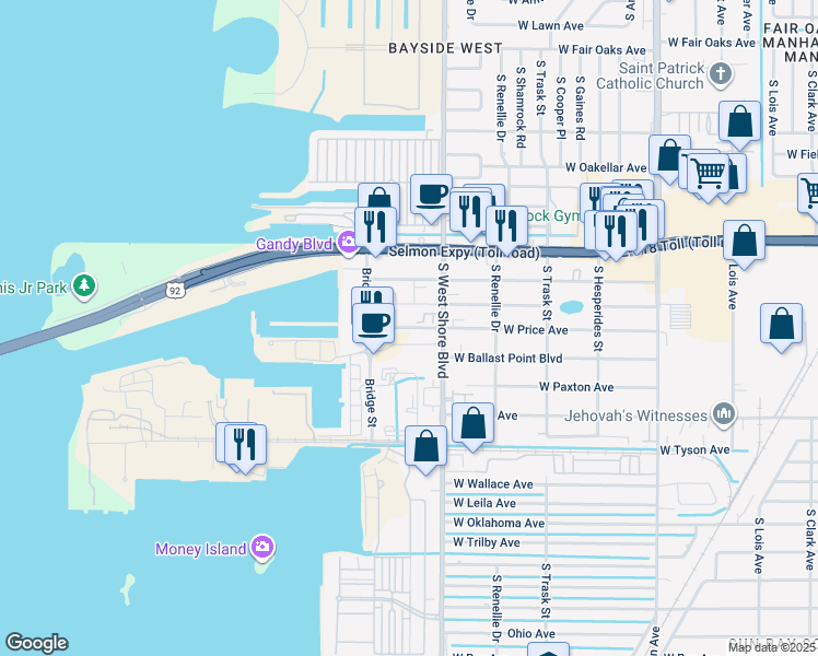 map of restaurants, bars, coffee shops, grocery stores, and more near 4905 West Price Avenue in Tampa