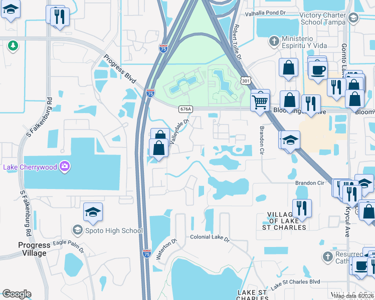 map of restaurants, bars, coffee shops, grocery stores, and more near 6229 Olivedale Drive in Riverview