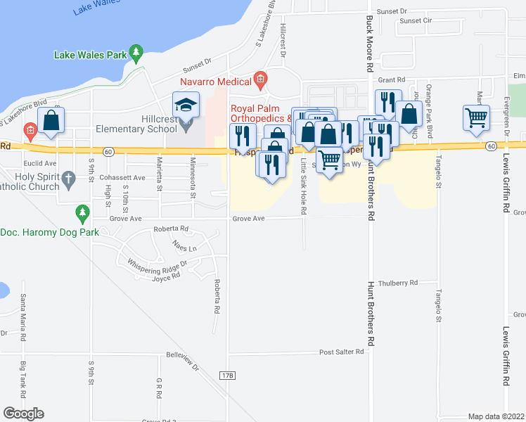 map of restaurants, bars, coffee shops, grocery stores, and more near 1181 Grove Avenue in Lake Wales