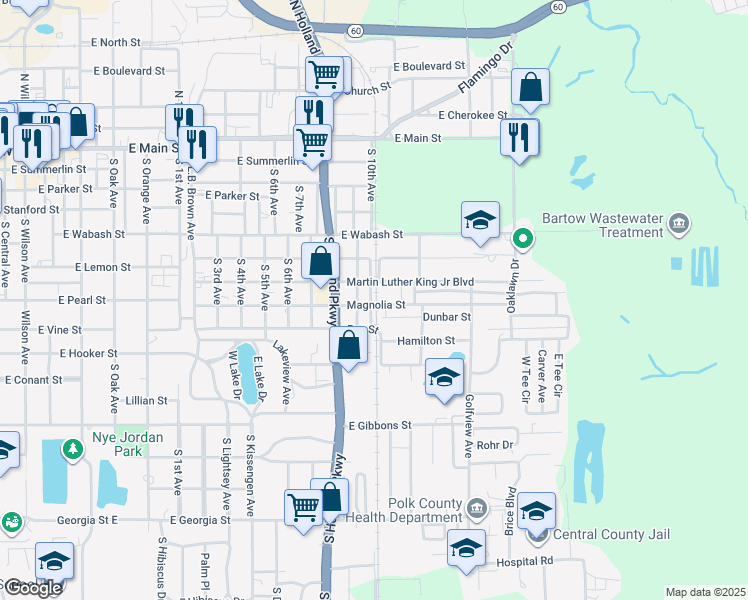 map of restaurants, bars, coffee shops, grocery stores, and more near 1650 East Magnolia Street in Bartow