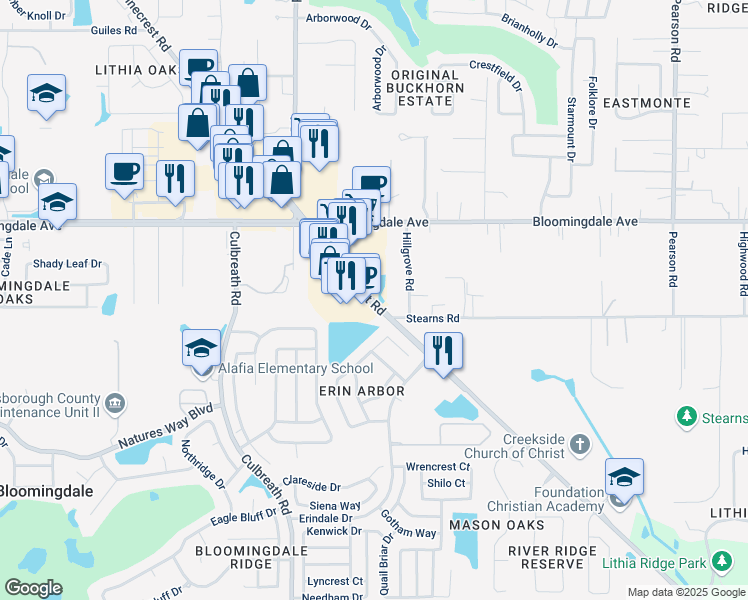 map of restaurants, bars, coffee shops, grocery stores, and more near 3463 Lithia Pinecrest Road in Valrico