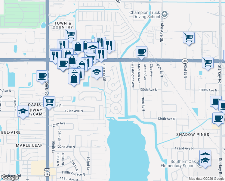 map of restaurants, bars, coffee shops, grocery stores, and more near 4 Seasons Estates in Largo