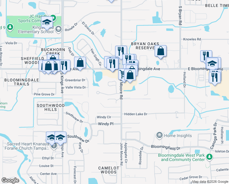 map of restaurants, bars, coffee shops, grocery stores, and more near 107 Falling Water Drive in Brandon