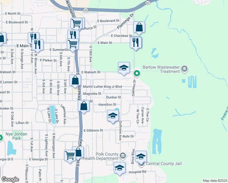 map of restaurants, bars, coffee shops, grocery stores, and more near 2051 Macon Street in Bartow