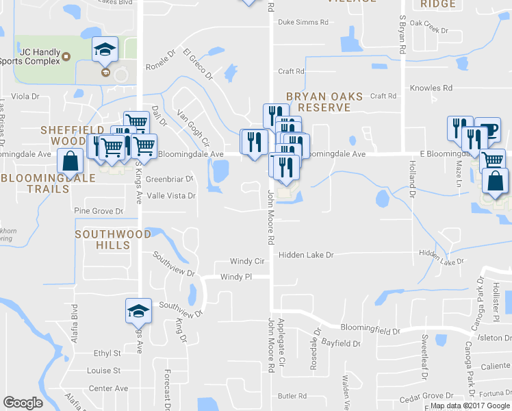 map of restaurants, bars, coffee shops, grocery stores, and more near 107 Falling Water Drive in Brandon