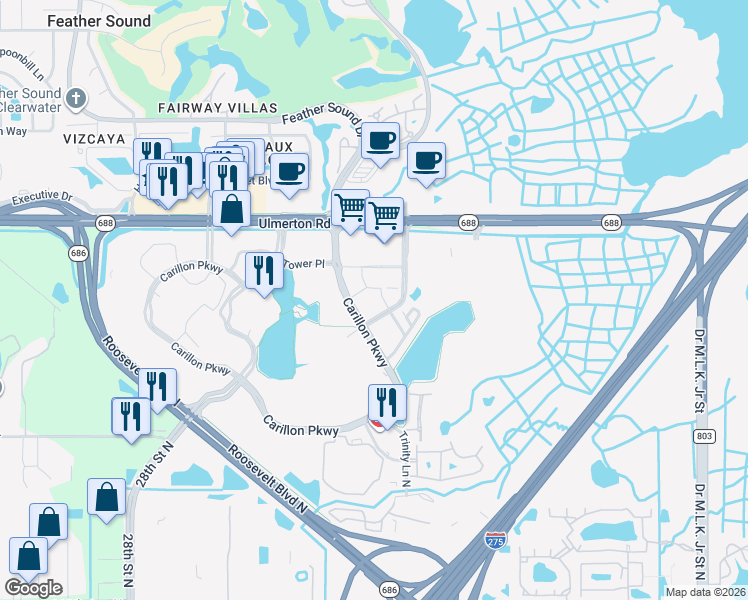 map of restaurants, bars, coffee shops, grocery stores, and more near 250 Carillon Parkway in St. Petersburg