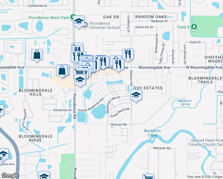 map of restaurants, bars, coffee shops, grocery stores, and more near 11307 Emerson Lake Drive in Riverview