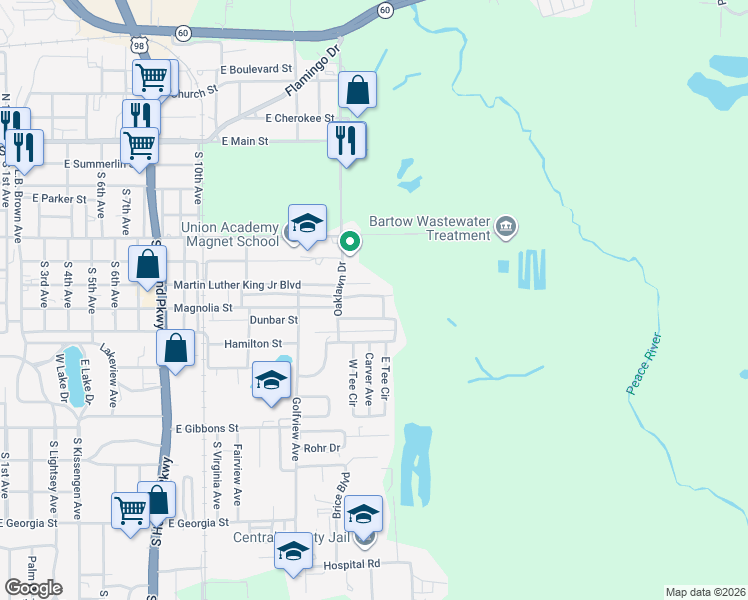 map of restaurants, bars, coffee shops, grocery stores, and more near 2383 Booker Street in Bartow