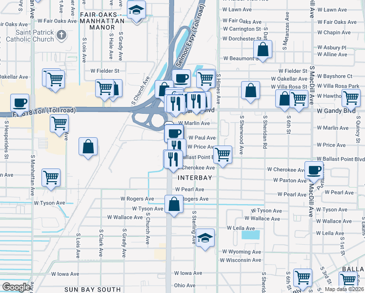 map of restaurants, bars, coffee shops, grocery stores, and more near 5101 Clarice Court in Tampa