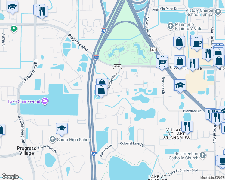 map of restaurants, bars, coffee shops, grocery stores, and more near 9613 Harbordale Lane in Riverview
