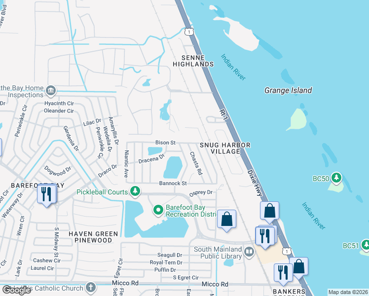 map of restaurants, bars, coffee shops, grocery stores, and more near 7519 Chasta Road in Micco