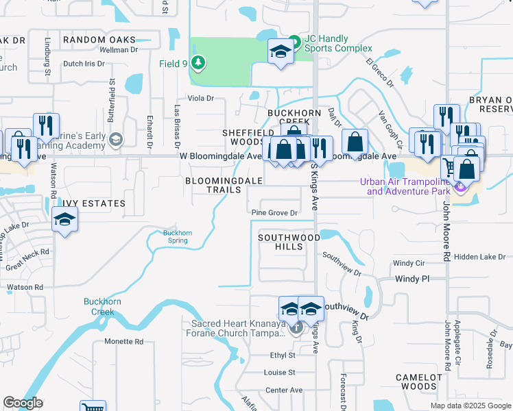map of restaurants, bars, coffee shops, grocery stores, and more near 1026 Hallwood Loop in Brandon
