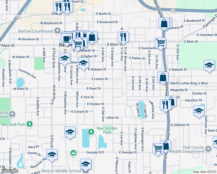map of restaurants, bars, coffee shops, grocery stores, and more near 740 East Pearl Street in Bartow