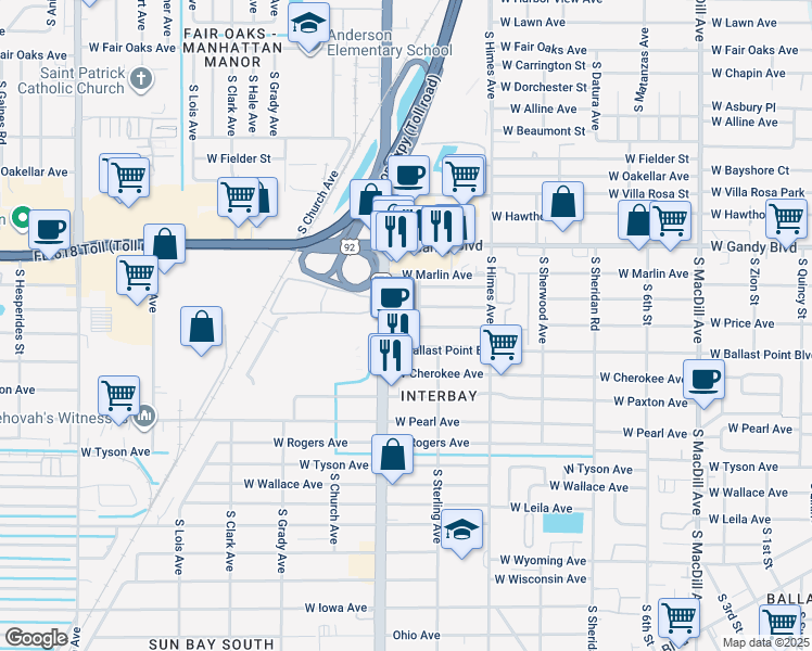 map of restaurants, bars, coffee shops, grocery stores, and more near 5130 South Dale Mabry Highway in Tampa