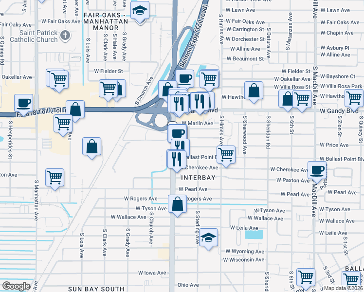 map of restaurants, bars, coffee shops, grocery stores, and more near 5130 South Dale Mabry Highway in Tampa