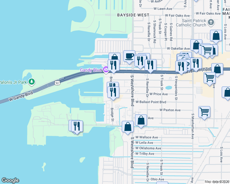 map of restaurants, bars, coffee shops, grocery stores, and more near 5000 West Gandy Boulevard in Tampa