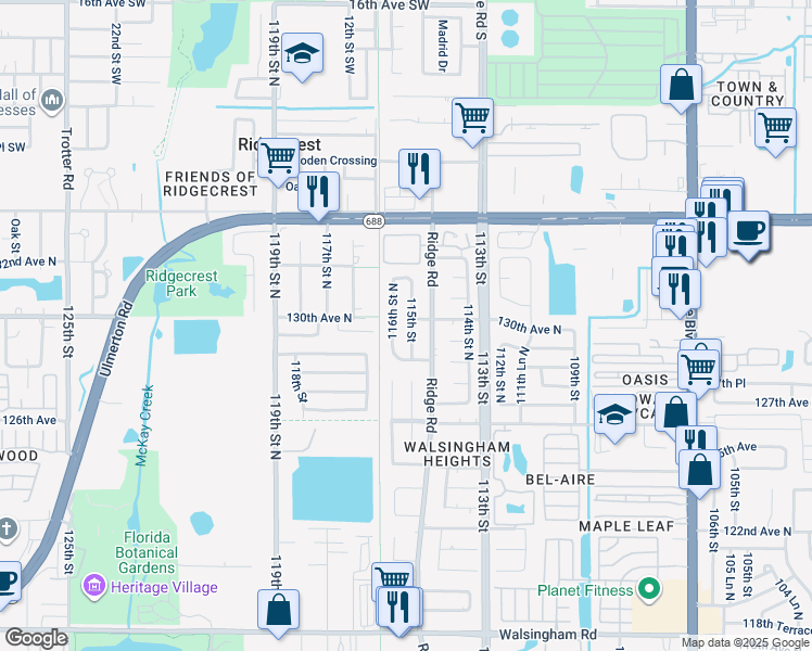 map of restaurants, bars, coffee shops, grocery stores, and more near 12966 115th Street in Largo