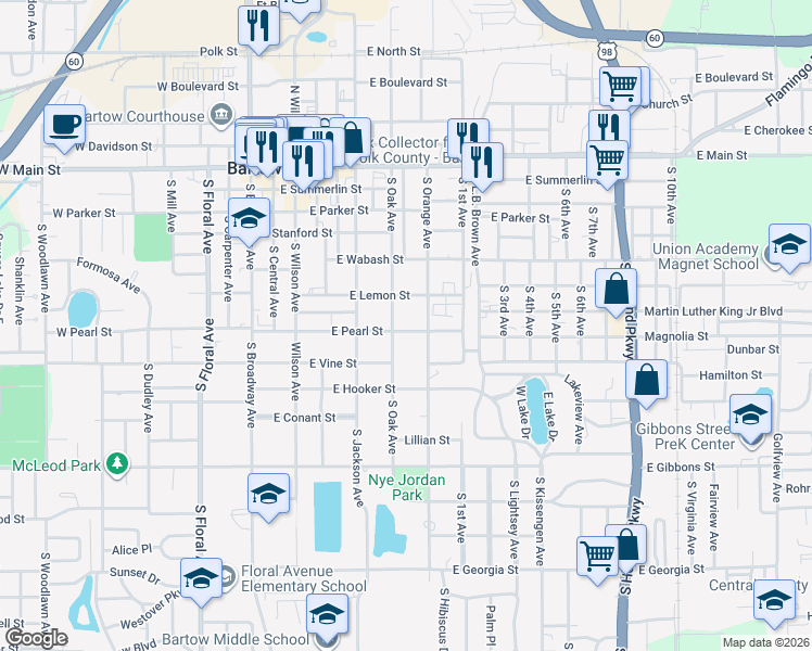 map of restaurants, bars, coffee shops, grocery stores, and more near 740 East Pearl Street in Bartow