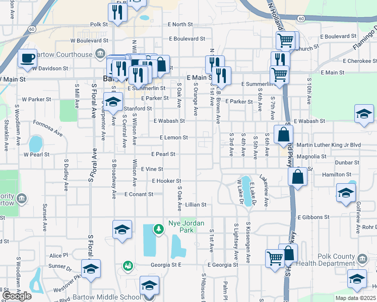 map of restaurants, bars, coffee shops, grocery stores, and more near 740 East Pearl Street in Bartow