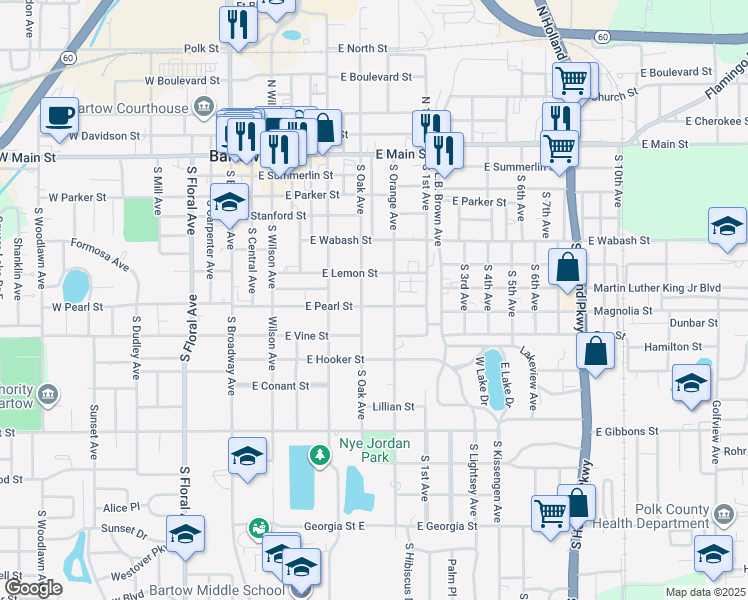 map of restaurants, bars, coffee shops, grocery stores, and more near 740 East Pearl Street in Bartow