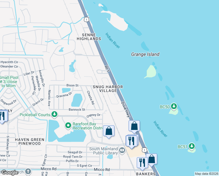 map of restaurants, bars, coffee shops, grocery stores, and more near 7540 Agawam Road in Sebastian