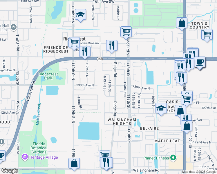 map of restaurants, bars, coffee shops, grocery stores, and more near 12966 115th Street in Largo