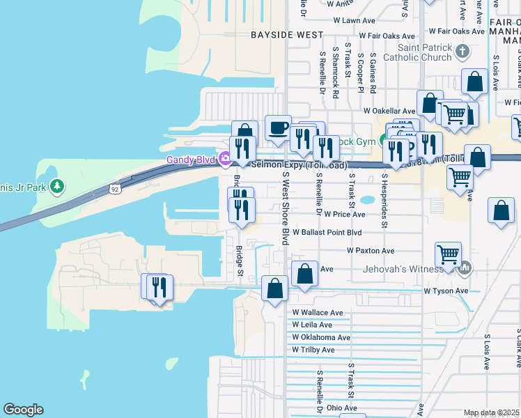 map of restaurants, bars, coffee shops, grocery stores, and more near 4905 West Price Avenue in Tampa