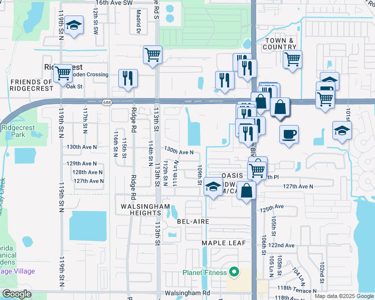 map of restaurants, bars, coffee shops, grocery stores, and more near 11019 130th Avenue North in Largo