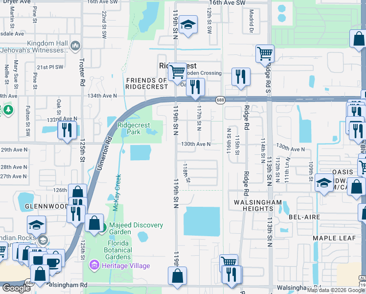 map of restaurants, bars, coffee shops, grocery stores, and more near 11870 130th Avenue North in Largo