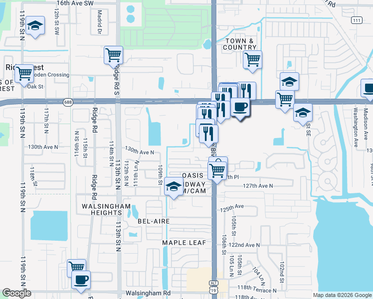 map of restaurants, bars, coffee shops, grocery stores, and more near 208 Lark Drive in Largo