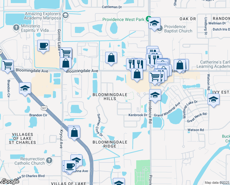 map of restaurants, bars, coffee shops, grocery stores, and more near 10838 Peppersong Drive in Riverview
